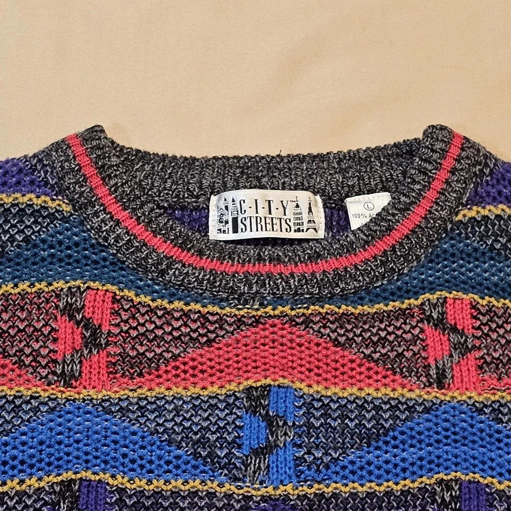 City Streets‎ 90s Multi-Color Knit Acrylic Sweater Size L Vintage